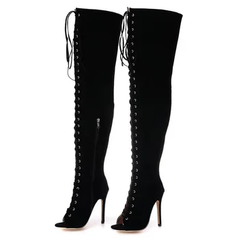 Women Thigh High Boots Summer Lace Up Long Motorcycle Boots Peep Toe Thin Heels Over-the-Knee Boots Zip Black Beige Shoes Woman