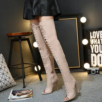 Women Thigh High Boots Summer Lace Up Long Motorcycle Boots Peep Toe Thin Heels Over-the-Knee Boots Zip Black Beige Shoes Woman