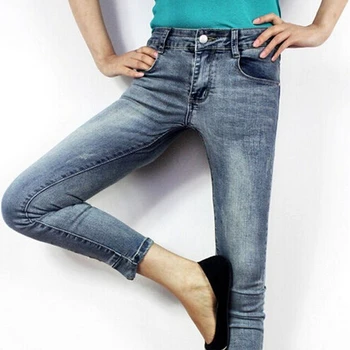 Lady Jeans Pants Beaded Pencil Pants Denim Jeans Women Blue Large Size Jeans