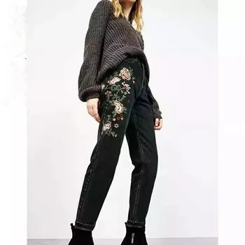 2017 women's brand jeans flower embroidery high waist jeans full length denim jeans regular pencil pants cotton slim denim jeans