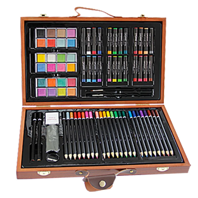 84pcs Children Painting Set Drawing Brush Elementary Water Color Pen Art Markers Wood Box Set
