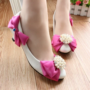 Pearl Rhinestone rose Bow Low-Heeled Shoes Single White Bridesmaid soft outsole adult Flats Bride Wedding Shoes Female Party