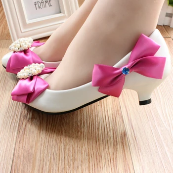 Pearl Rhinestone rose Bow Low-Heeled Shoes Single White Bridesmaid soft outsole adult Flats Bride Wedding Shoes Female Party