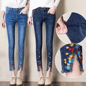 Women High Waist Jeans Trousers Vintage Floral Embroidery Skinny Blue Denim Pants Casual Slim Split Pencil Jeans