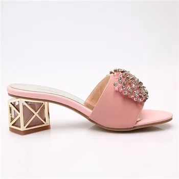 Meotina Fashion Women Sandals Natural Genuine Leather Open Toe Slippers Thick Low Heels Female Crystal White Pink Shoes 34-39