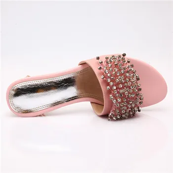 Meotina Fashion Women Sandals Natural Genuine Leather Open Toe Slippers Thick Low Heels Female Crystal White Pink Shoes 34-39