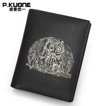 P.KUONE Genuine Leather Men Wallet Propitious Owl Clutch Famous Luxury Brand Purse Passport Cover Card Holder Clamp For Money