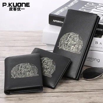 P.KUONE Genuine Leather Men Wallet Propitious Owl Clutch Famous Luxury Brand Purse Passport Cover Card Holder Clamp For Money