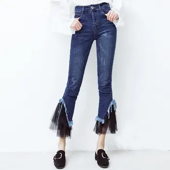 Spring women jeans high waist stitching lace tight horns jeans stretch slim ankle length denim pants trousers