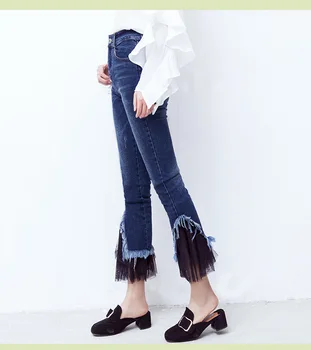 Spring women jeans high waist stitching lace tight horns jeans stretch slim ankle length denim pants trousers