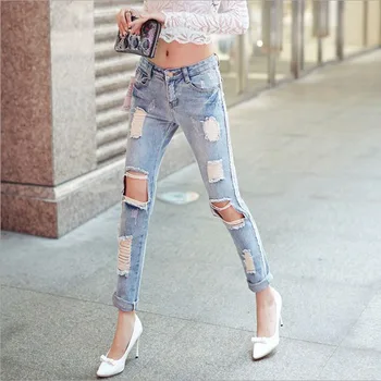 Womens plus size Brand hole pencil jeans 2017 Summer New Fashion Pure cotton broken hole Jeans Skinny denim pencil pants Ladies