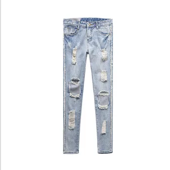 Womens plus size Brand hole pencil jeans 2017 Summer New Fashion Pure cotton broken hole Jeans Skinny denim pencil pants Ladies