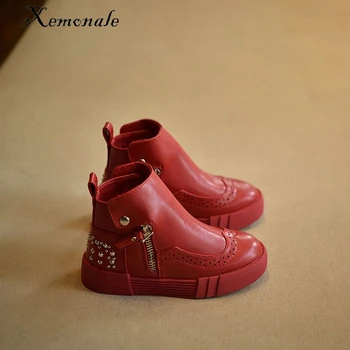 Xemnole autum brand ankle boots baby boys fashion red martin boots children pu leather shoes for girls stud brogue boots