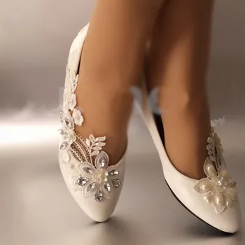 Lace wedding shoes Adult Flats Women Shoes Round Toe Spring and Autumn Summer Crystal size 41-42