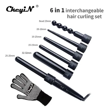 6-in-1 Interchangeable Multifunctional Tourmaline Ceramic Hair Curling Iron Hair Curler Set magic roller styling tool with glove