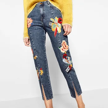 Spanish style women jeans front split flower patch embroidered denim jeans high waist ankle-length pants trousers