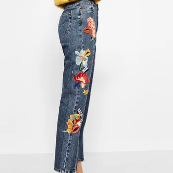 Spanish style women jeans front split flower patch embroidered denim jeans high waist ankle-length pants trousers