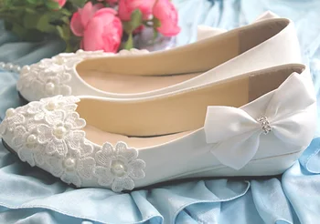 Lace Pearl Rhinestone bow Women's Single Shoes White Red Wedding Shoes pregnantwith Wedges Heel Shoes Bridal Shoes performance