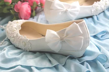 Lace Pearl Rhinestone bow Women's Single Shoes White Red Wedding Shoes pregnantwith Wedges Heel Shoes Bridal Shoes performance