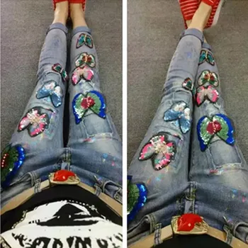 Spring Sequins Embroidered Butterfly Cowboy Full Pants Women Jeans Casual Fashion Skinny Pencil Pants