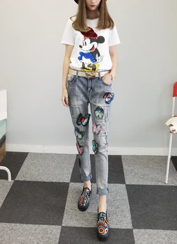 Spring Sequins Embroidered Butterfly Cowboy Full Pants Women Jeans Casual Fashion Skinny Pencil Pants