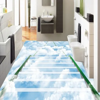 3D cloud ladder floor painting thickened moisture proof bedroom flooring living room study lobby wallpaper mural