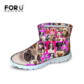 FORUDESIGNS 2016 Fashion Women Winter Ankle Boots Cute Pet Dog Pug Printed High Top Shoes for Woman Ladies Fur Warm Snow Boots