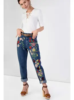 Fashion washed denim cotton jeans flower embroidery women's jeans blue fashion trousers slim high waist pencil pants long jeans