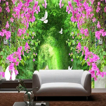 Custom 3D Mural Wallpaper Romantic Bamboo Forest Flowers Path Living Room Sofa Bakcground Wall Mural Home Decor Wall Paper