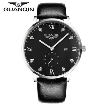 Luxury Brand GUANQIN New Fashion Men's Quartz Watch Leather Strap Luminous Rose Gold Small Second Dial Rhinestone Watches