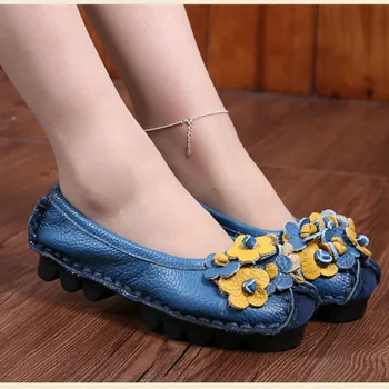 2017 New National Wind Flowers Handmade Genuine Leather Shoes Women Retro Soft Bottom Flat Shoes Summer Canvas Ballet Flats