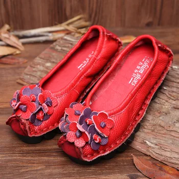 2017 New National Wind Flowers Handmade Genuine Leather Shoes Women Retro Soft Bottom Flat Shoes Summer Canvas Ballet Flats
