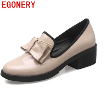 EGONERY shoes 2017 pu leather women fashion spring hoof heels pumps simple concise butterfly-knot platform slip-on shoes woman