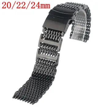 20/22/24mm Cool Stainless Steel Black Watch Band Shark Mesh Wrist Strap Solid Link Men Watchband Fold over clasp with safety