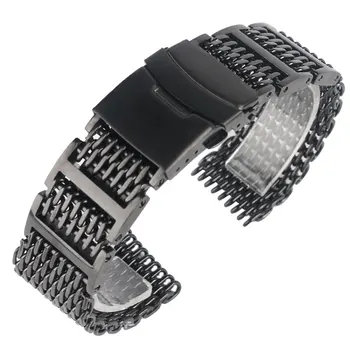20/22/24mm Cool Stainless Steel Black Watch Band Shark Mesh Wrist Strap Solid Link Men Watchband Fold over clasp with safety