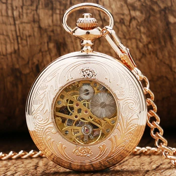 2016 New Luxury Rose Golden Hollow Fashion Roman Number Skeleton Case Mechanical Pocket Watch With Chain For Men Women