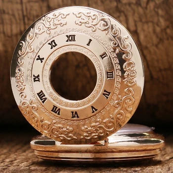 2016 New Luxury Rose Golden Hollow Fashion Roman Number Skeleton Case Mechanical Pocket Watch With Chain For Men Women
