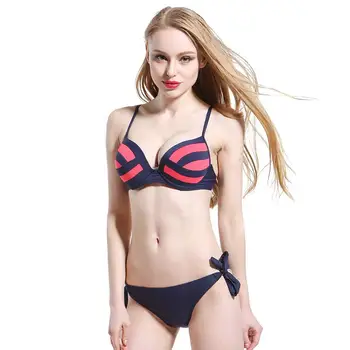 Hot Red White Women Big Size M-XXXL Low Waist Sexy Patchwork Striped Two Piece Swimsuit Bikini Set 2016 Push Up Swimwear LC383