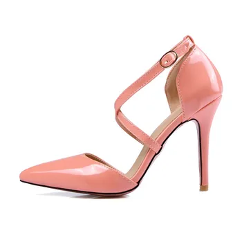 Cross-tied pu leather fashion Pointed Toe summer pumps Rubber Beautiful Buckle Strap chaussure femme women high heels shoes
