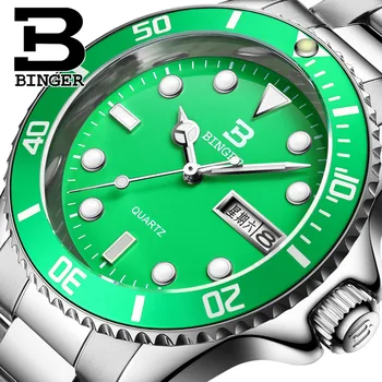 Binger Men Luxury Switzerland Sports Watches full stainless Steel Quartz Super Big Wristwatch Luminous Green Watch