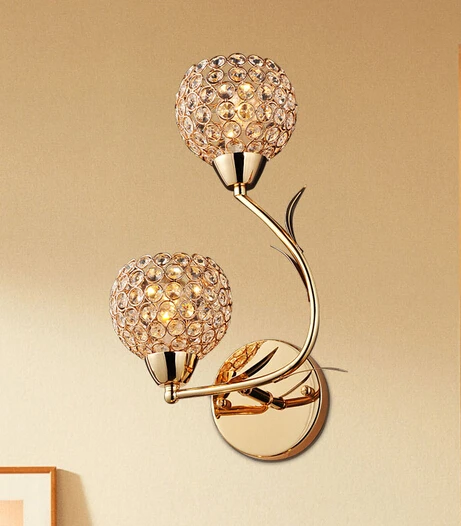 Modern brief design golden luxurious crystal led e14*2 heads indoor decorative wall lamp bed room bedside aisle stair light 1629