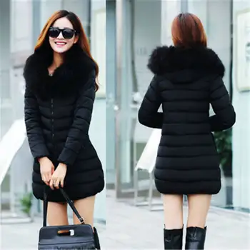 2017 New Big Yards Woman Winter Cotton-Padded Jackets Faux Fur Collar Hooded Slim Jacket Solid Thicken Warm Parkas Coat XY429