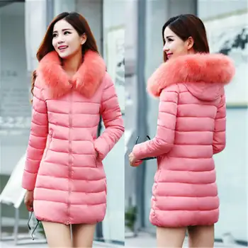 2017 New Big Yards Woman Winter Cotton-Padded Jackets Faux Fur Collar Hooded Slim Jacket Solid Thicken Warm Parkas Coat XY429