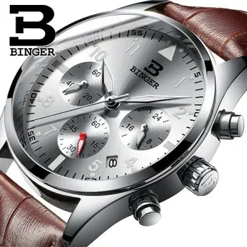Switzerland Binger fashion leather quartz watch man luxury waterproof chronograph sport wristwatch men relogios masculinos