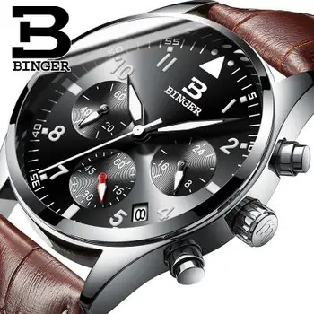 Switzerland Binger fashion leather quartz watch man luxury waterproof chronograph sport wristwatch men relogios masculinos