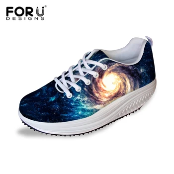 FORUDESIGNS Fashion Women Slimming Swing Shoes Breathable Mesh Wedge Platform Shoes Ladies Lace-up Galaxy Casual Shoes Shape Ups