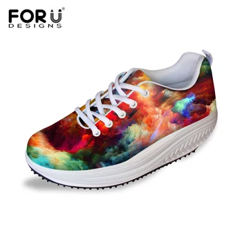 FORUDESIGNS Fashion Women Slimming Swing Shoes Breathable Mesh Wedge Platform Shoes Ladies Lace-up Galaxy Casual Shoes Shape Ups