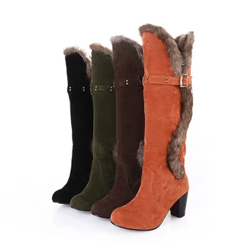 ENMAYLA Autumn Winter Warm Fur Buckle Knee High Boots Flock High Heels Boots Women's Shoes Black Orange Women Snow Boots