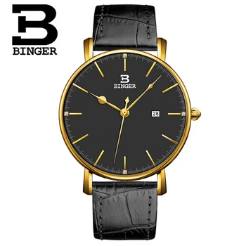 Switzerland luxury brand Wristwatches Binger Complete Calendar Leather quartz watches men lovers 30M Water Resistance Watch