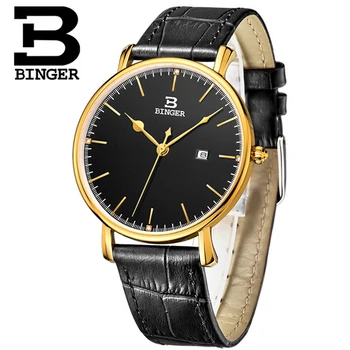 Switzerland luxury brand Wristwatches Binger Complete Calendar Leather quartz watches men lovers 30M Water Resistance Watch